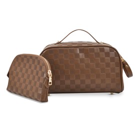 Eowihor 2 Pcs Makeup Bags Set, Large Capacity Makeup Organizer for Women, PU Leather Make Up Bag Portable Travel Toiletry Bag, Stylish Tessellated Cosmetic Bag Two Sizes to Match With Your Heart