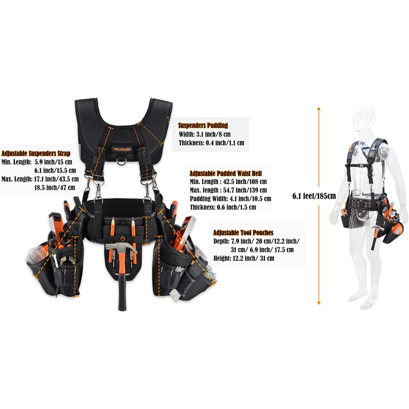 WELKINLAND 39Pockets Tool Belts for Men with Suspenders, 4" Padded