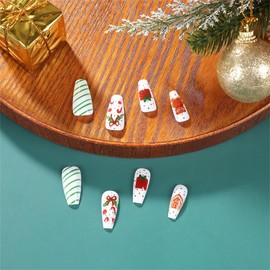 24 Pcs Christmas False Nails Medium Length - Gingerbread Man and White Snowflake Fake Nails - Coffin Design Press on Nails Short with Glue Stickers - Acrylic Full Cover Glue on Nails