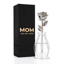 Forever Rose “Mom You are Loved” Bloom Box Bundle, Genuine One-of-a-Kind, Platinum Dipped Rose in a Beautiful Phantom Vase and Bloom Box