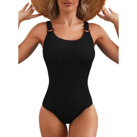 Herseas Women's One Piece Swimsuit Knit Ribbed Padded O Ring Wide Straps One-Piece Bathing Suit 2025 Beach Outfits Black Small