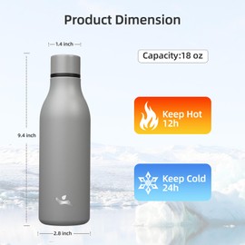Konokyo Insulated Water Bottle with Strap,18 oz Double Wall Stainless Steel Vacuum Bottles Metal Water Flask,Gray