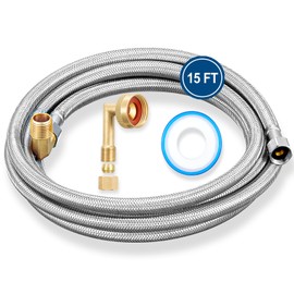 Dishwasher Installation Kit - 15 FT Premium Stainless Steel Braided Dishwasher Hose kit,Food Grade PEX Inner Tube Dishwasher Water Supply Line with 3/8""x3/8""MIP Elbow,3/8""x 3/4"" FHT Elbow, Silver