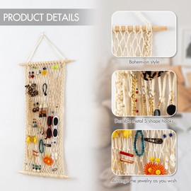 Pretty Jolly Hanging Jewelry Mesh Organizer Macrame Wall Mounted Necklaces Storage Earring Display Rack Girls Hair Clips Hanger with 20 Pieces S Shape Hooks for Bracelets,Necklace and Rings(Yellow)