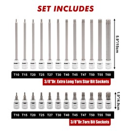 CASOMAN 3/8"Drive Extra Long and Standard Torx Bit Socket Set, 24 Piece Torx Star Bit Set, T10 to T60, Length: 150mm, CR-V & S2 Steel