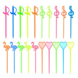 Hysagtek 200 Pcs Plastic Fruit Cocktail Appetizer Drinks Skewers Flamingo/Heart/Music Notes/Sword Shape, Multicolor