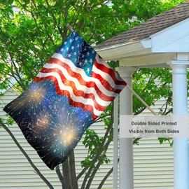 Mugod American Flag and Fireworks House Flag Double Sided 28 x 40, 4th of July Independence Day Patriotic Burlap Large Flag House Seasonal Farmhouse Outside Outdoor Decoration