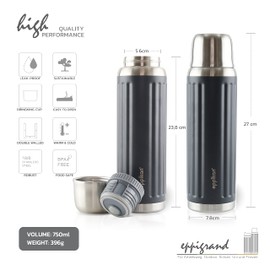 eppikan EppiGrand Stainless Steel Thermos Flask, Thermos Flask, Water Bottle, Insulated Flask, 750 ml, Leak-Proof with Double-Walled Drinking Cup (750 ml, Night Grey)