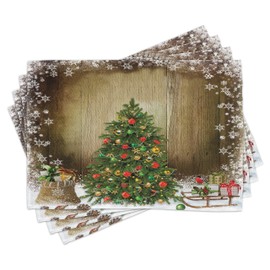 ABAKUHAUS Christmas Place Mats Set of 4, Pine Tree Presents, Washable Fabric Placemats for Dining Room Kitchen Table Decor, Multicolor