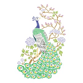 Oriental Peacock Stencil, 6.5 x 10 inch (S) - Chinese Japanese Asian Peacock Bird and Flowering Tree