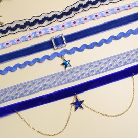6PC Color Chokers Set For Women Heart Pearl Choker Necklaces Flower Pendant Velvet Cute Choker Necklace Classic Tattoo Lace Chokers (Dark Blue)