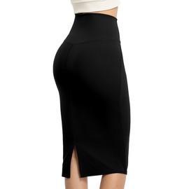 icyzone Women's Midi High Waist Pencil Skirts with Back Slit, Stretchy Casual Work Bodycon Skirts for Women (Black,M)