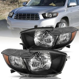 BRYGHT Headlight Assembly Fit for 2008 2009 2010 Toyota Highlander Halogen Headlamp Passenger and Driver Side Black Housing & Amber Reflector