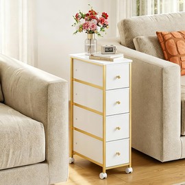 Narrow Side Table with 4 Fabric Drawer, Slim BedsideTable for Bedroom
