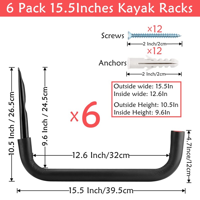 Naikozmo 6 Pack Kayak Storage Hooks, 15.5 Inch Wall Mount