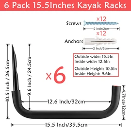Naikozmo 6 Pack Kayak Storage Hooks, 15.5 Inch Wall Mount Canoe Hangers, Heavy Duty Snowboard Storage Rack Holds Up to 100lbs, Black+Red, 15.5Inches x 10.5''