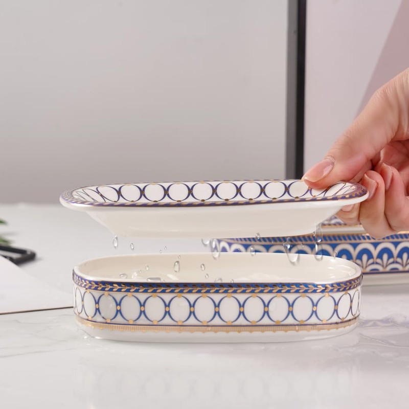 Self Draining Soap Dish, Double-Layer Bar Soap Tray, White Ceramic