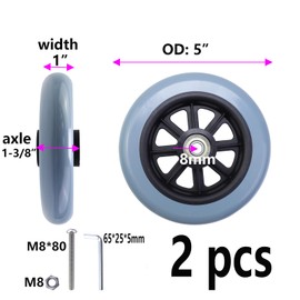 Semetall 5 Inch Wheel Replacement for Wheelchairs,2PCS Universal Walker Casters Rollers Wheels for Wheelchairs, Rollators,Walkers with 80mm Screws & L-Wrench-Grey
