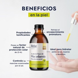 Hebbe - Aceite de Nuez de Macadamia 100% Puro, Hidratante y Anti-envejecimiento para Piel y Cabello, 250 ml
