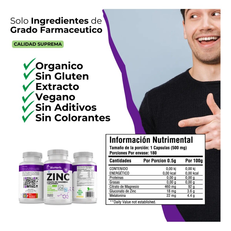 Bioherb Zinc Y Magnesio + Melatonina 180 Cápsulas 500mg Cu