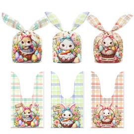 50 PCS Easter Candy Wrapping Bags Bunny Ears Goodie Bags Plaid with Rabbit Candies Bags Party Treat Bags Gift Bags Cookie Chocolate Snack Packing Bags for Kids Birthday Easter Party Supplies