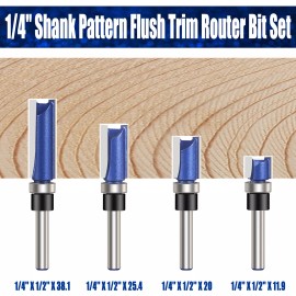 Vesery 4Pcs 1/4'' Shank Flush Trim Router Bit Bottom Bearing Woodworking Milling Cutter
