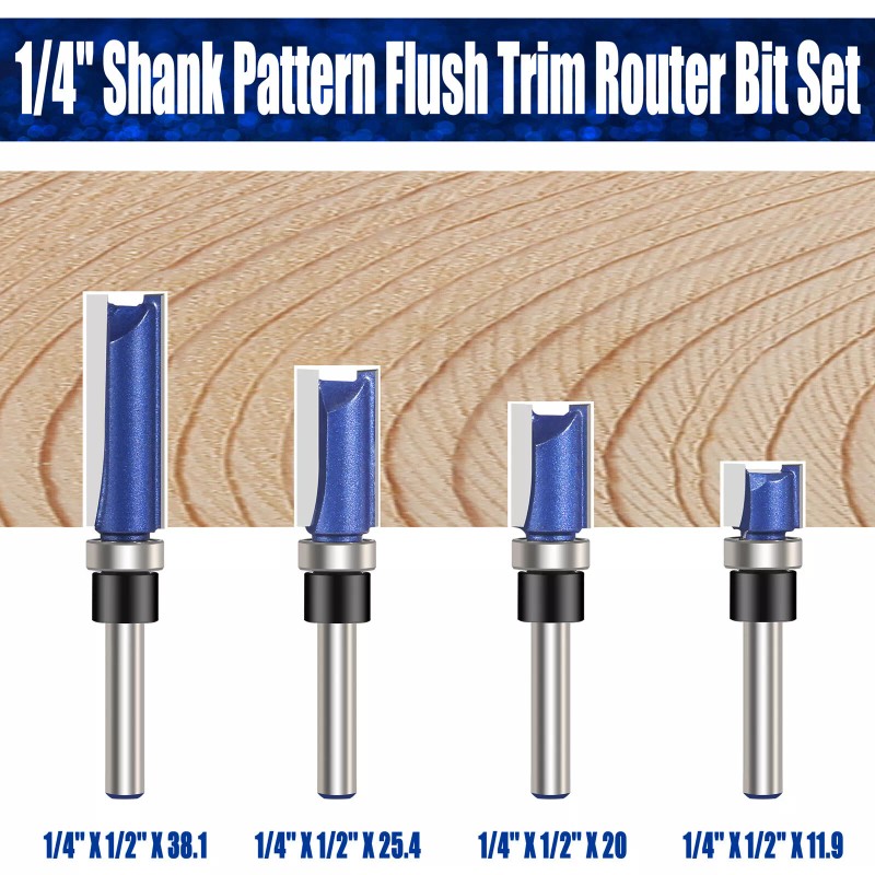 Vesery 4Pcs 1/4'' Shank Flush Trim Router Bit Bottom Bearing