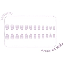 IMRAIN Press on Nails Medium Almond Fake Nails Purple Cat's Eye French Tips Fake Nails with Design Glossy Glue on False Nails Full Cover Stick on Nails for Women Girls 24Pcs