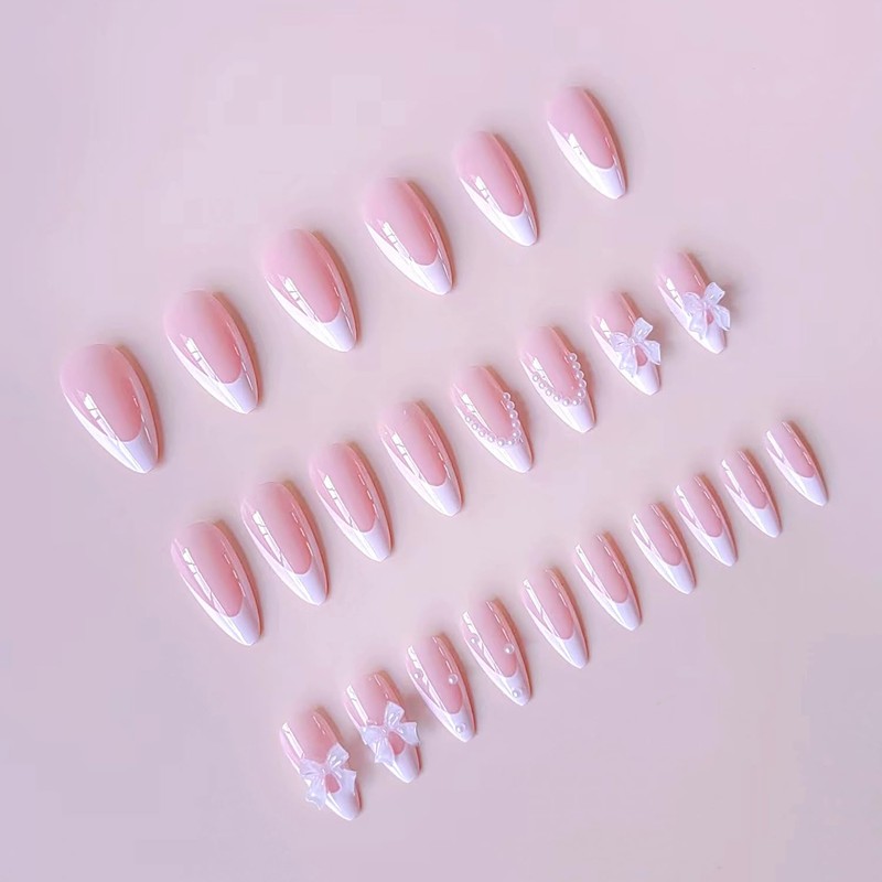24Pcs French Tip Press on Nails Gloss Short Almond Fake