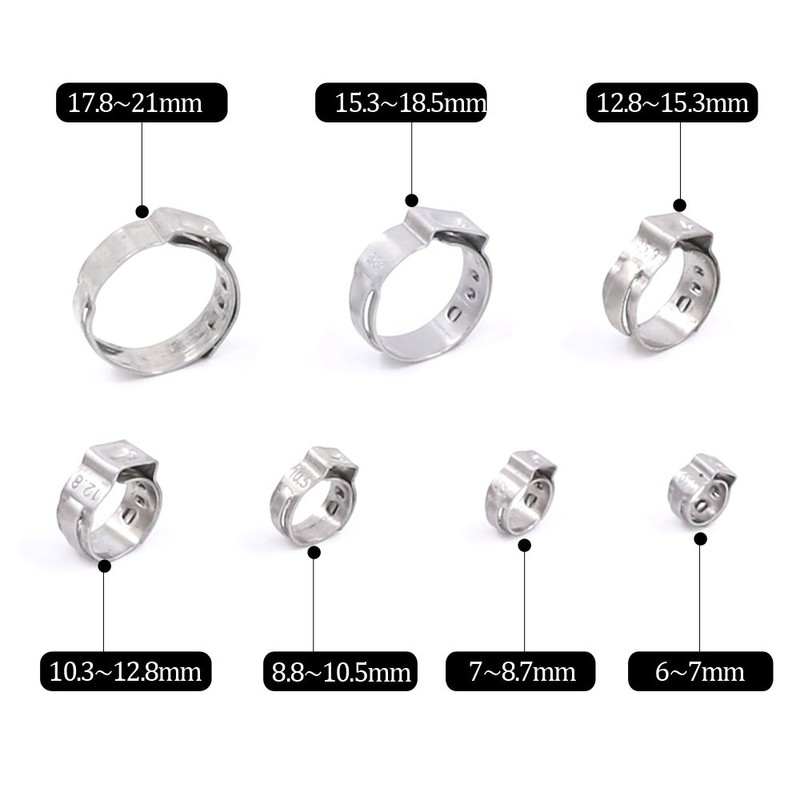 Glarks 120Pcs 7-21mm 304 Stainless Steel Single Ear Hose Clamps