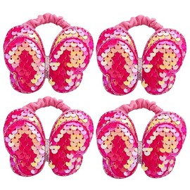 4 Pack Glitter Sequins Bow Hair Scrunchies Butterfly Bun Covers Hair Ties Ponytail Bun Holders for Girls Toddlers Girls Cheer,Dance Recital,Birthday Shirt,Themed Party Festivals (Hot Pink)