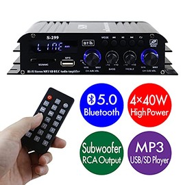FMTLPS299 4.1ch Surround Amplifier, 4 x 40 W + RCA Subwoofer, Universal Small Amplifier, USB/SD Card Playable, Bluetooth Compatible, Compact Body, 4.1 Channels, Hi-Fi Sound, 12V/5A Adapter, Remote
