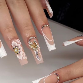 FIEONCIY Press on Nails Coffin Long Length Acrylic Glossy Full Cover Square Shaped French False Nails with Designs Artificial Extra Long Fake Nails with Charms Glue ons Fingernails for Women(SGCY307)