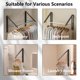 Dr.DJ Clothes Drying Rack with Rod, Wall-Mounted Retractable & Foldable Clothes Hanger for Laundry Room Organization and Storage, Metal Clothes Hanger Rack for Dorm, Closet, Balcony 2Rack, 1Rod Black