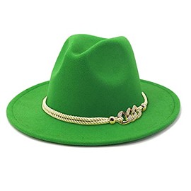 Gossifan Lady Fashion Wide Brim Felt Fedora Panama Hat with Ring Belt ForestGreen