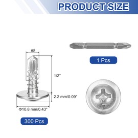 sourcing map 300Pcs #8x1/2" Self-Tapping Screws, 410 Stainless Steel Phillips Self Drilling Flat Head Sheet Metal Screws for Industry, Furniture Repair, Silver