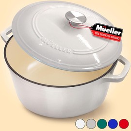 Mueller DuraCast Enameled Cast Iron Dutch Oven Pot with Lid, 4.5, 6 or 7.5 QT, Casserole Dish, Braiser Pan, All Cooktops, Oven Safe, Cookware Kitchen - Color: White, Size: 6 QT
