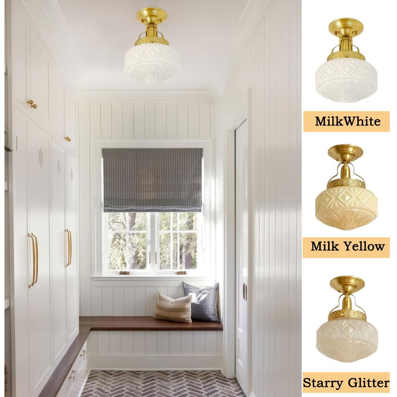 Bofea-Gold Semi Flush Mount Ceiling Light,Brass Vintage Flush Mounted Ceiling
