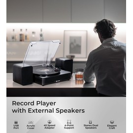 Vangoa Vinyl Record Player Turntable with 2 Stereo Speakers, 3-Speed Belt-Driven Turntables for Vinyl Records Supports AUX-in, RCA Line, USB, Wireless Playback, Black