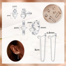 Finrezio Pearl Gold Earrings for Women, 16K Gold Huggie Hoop Earrings for Women Pearl Dangle Earring Dainty Studs Chain Earring Set Trendy Jewelry