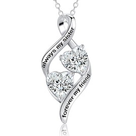 Mother's Day Gifts Necklace for Sister from Sister & Brother- 925 Sterling Silver Love Heart Cubic Zirconia Pendant Necklace for Christmas Birthday, 45+5cm