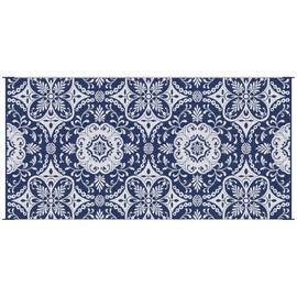 CHARMMA Reversible Outdoor Rug Carpet, 9"x 18"Waterproof Plastic Straw Rug, Portable RV Camping Rugs with Carry Bag, Large Floor Mat for Backyard, Deck, Picnic, Beach, Blue & White Floral