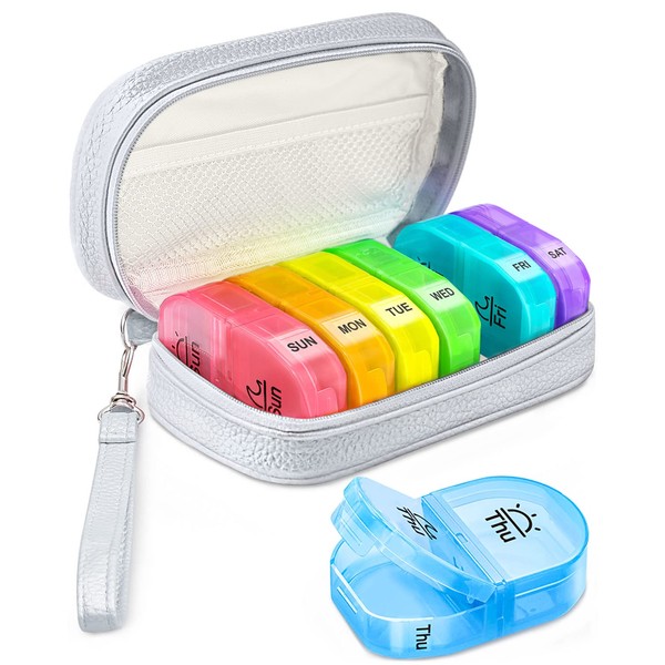 Cute Pill Organizer 2 Times a Day, LALAGO PU Leather Pill Case for Women, Portable Weekly Pill Box for Purse with Storage Bag to Hold Vitamins/Medications/Fish Oils/Supplements, Silver