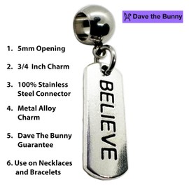 Dave The Bunny Believe Bar Necklace - Positive Christian Jewelry for Women and Men - Stainless Steel Snake Chain with Metal Alloy Charm - Inspirational and Elegant Faith Accessory, Stainless Steel, No