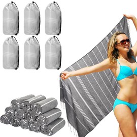 Mixweer Turkish Beach Towel with Travel Bag Bulk 39" x 71" Oversized Soft Cotton Beach Towel Sand Free Quick Dry Lightweight Travel Accessories Essential (Black Gray,12 Sets)