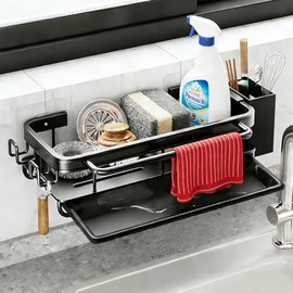 CEWROM Kitchen Sink Organiser, Sponge Holder with Drain Pan, Space-Saving Draining Rack, Metals Hanging Kitchen Organiser Bathroom - No Drilling, for Kitchen & Bathroom, Black