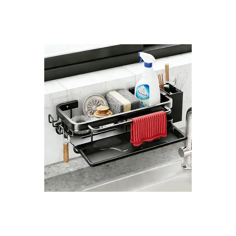 CEWROM Kitchen Sink Organiser, Sponge Holder with Drain Pan, Space-Saving