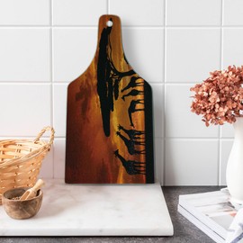 Lunarable Africa Cutting Board, Savannah Animal with Giraffe Crew with Majestic Tree at Sunrise in Kenya, Decorative Tempered Glass Cutting and Serving Board, Wine Bottle Shape, Orange Black