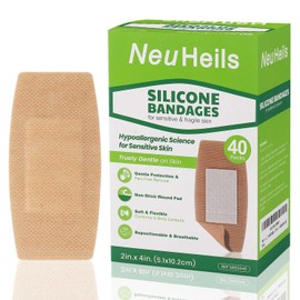 NeuHeils Silicone Adhesive Bandages for Sensitive Skin – Large 2x4 Inch (40 Count) | Hypoallergenic & Waterproof Wound Care | Pain-Free Removal, Non-Stick Pad, Gentle for Fragile Skin