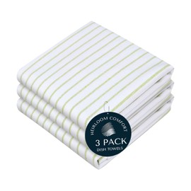 HEIRLOOM COMFORT Lemon Green Stripe Kitchen Towels (3 Pack), 100% Cotton, Classic Striped, Super Absorbent & Durable Dish Cloths, Quick Dry Towel Set for Drying Dishes, Everyday Kitchen Cleaning